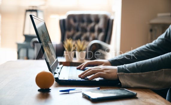 Teletrabajo, manos sobre portatil en casa  con movil macetas en cuarentena